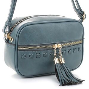NEW Blue Vegan Leather Square Whipstitch Tassel Zip Crossbody Bag
